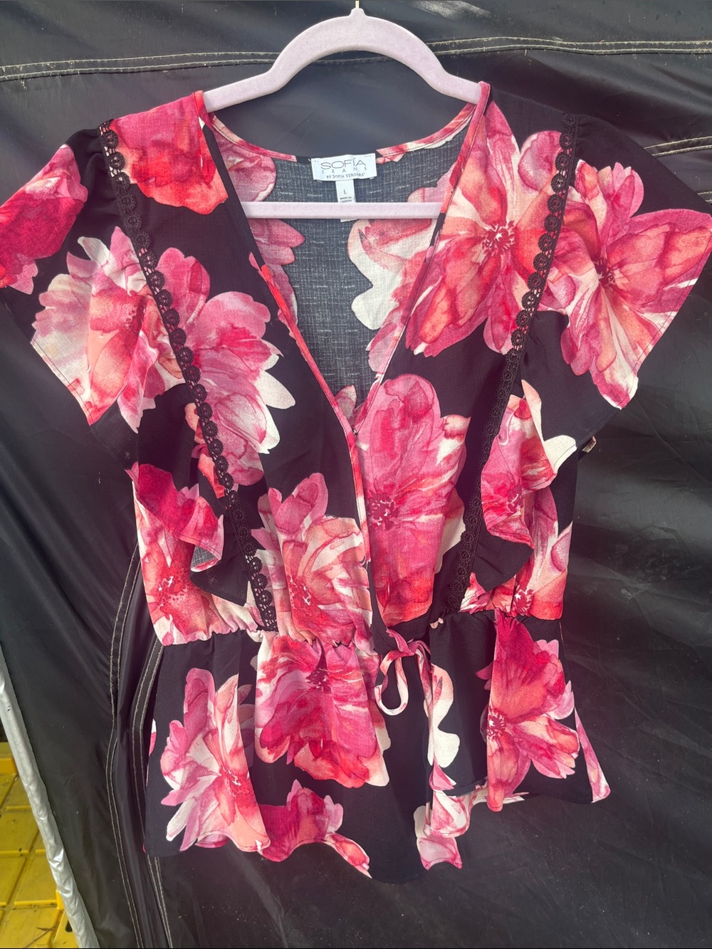 SOFIA Pink Floral Wrap Camisole with Ruffle Trim